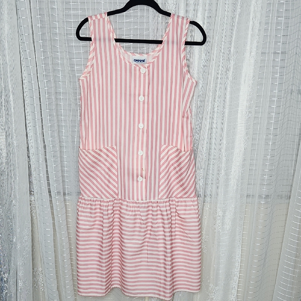 Vintage 80's Pink Striped Sleeveless Drop Waisted Sun Dress SzM